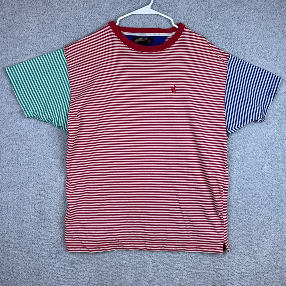 Vintage Puritan Shirt Mens XL Red Striped Colorblock Nautical Sailboat 90s